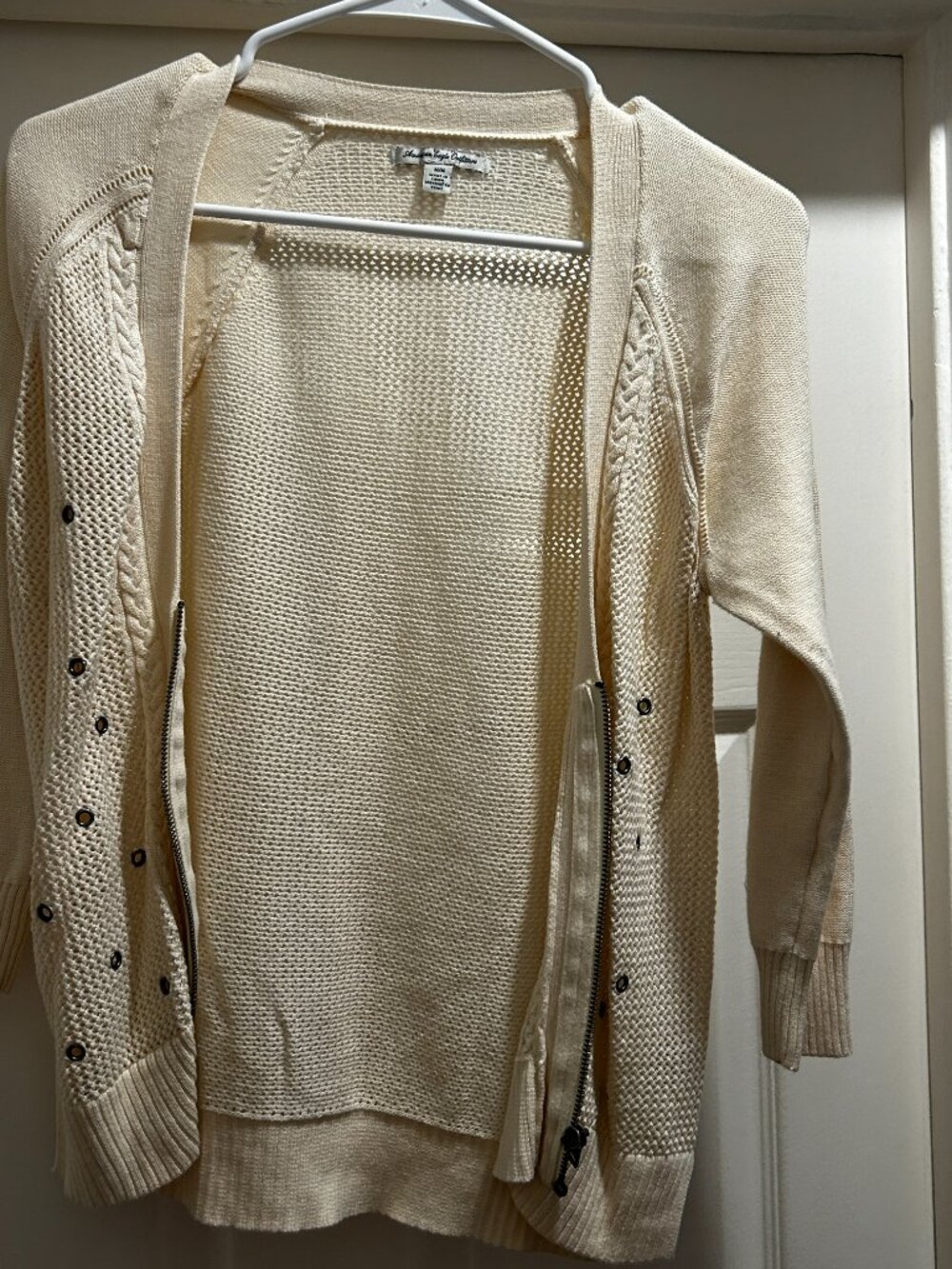 White Three Quarter Sleeve Zip Sweater with Grommets - Picture 3 of 6